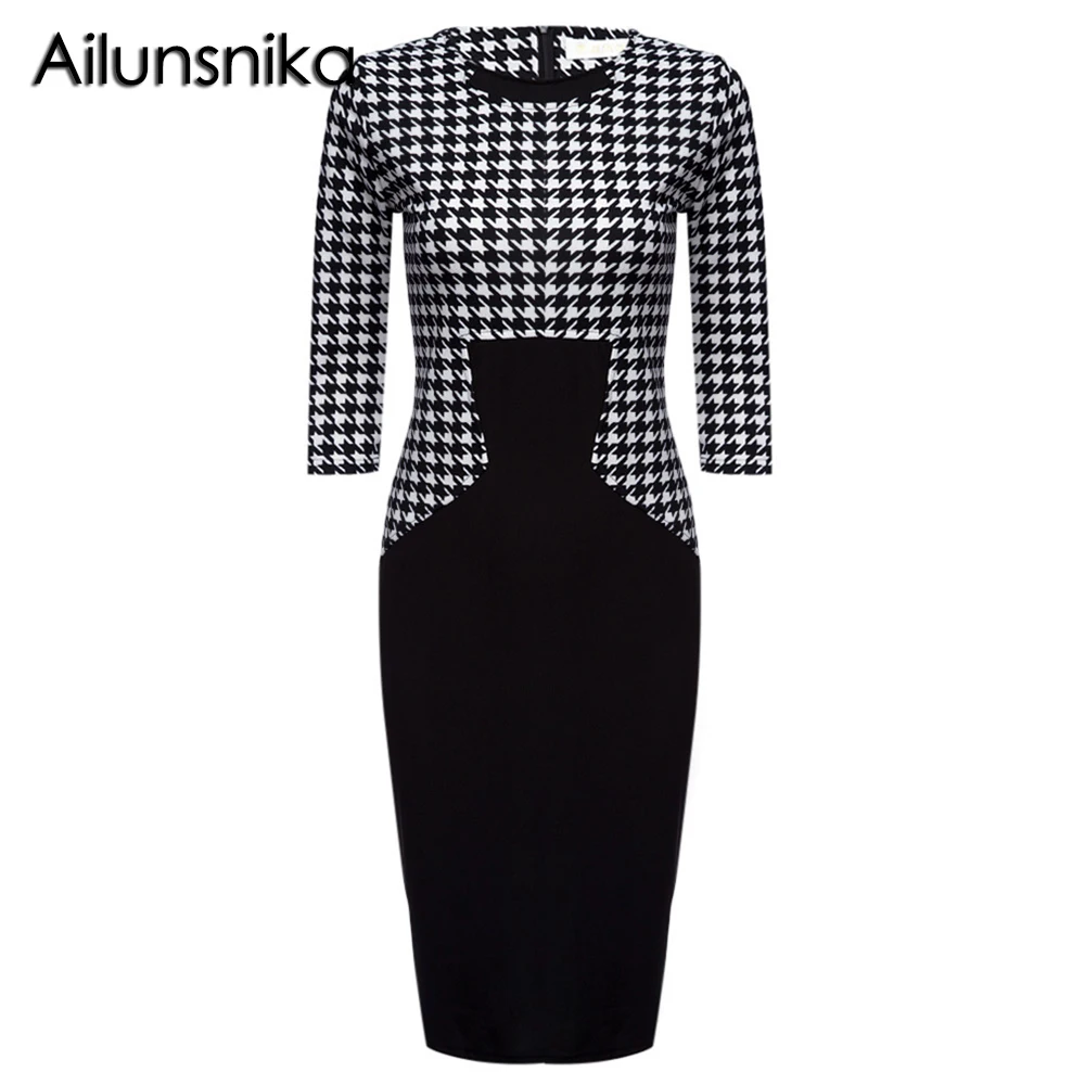 Ailunsnika 2018 Women Fashion O-Neck Half Sleeve Plaid Slimming Bodycon Party Casual Knee-Length Pencil Dress YE-D034 Женская одежда
