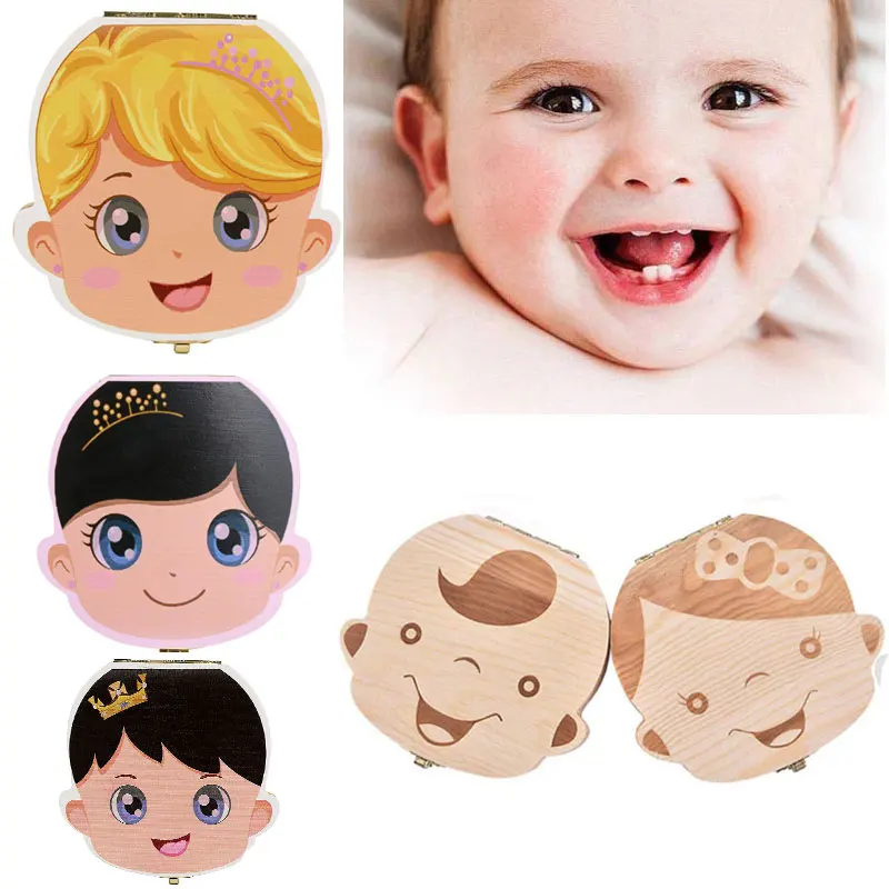 

Tooth Box Storage Portugue German English Spanish French Italian Text Baby Boy Girl Wood Case Milk Teeth Collect TeethSave