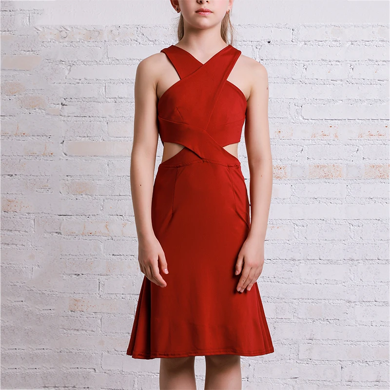 Latin Dance Dress For Girls Red Cha Cha Samba Salsa Rumba Practice Clothes Milk Fiber Ballroom Tango Dancing Kids Dresses DC2518
