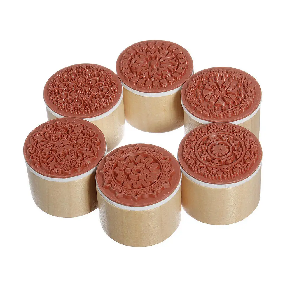 6 шт. Ассорти Ретро Старинные Цветочным Узором Круглый Деревянный Штамп Записки