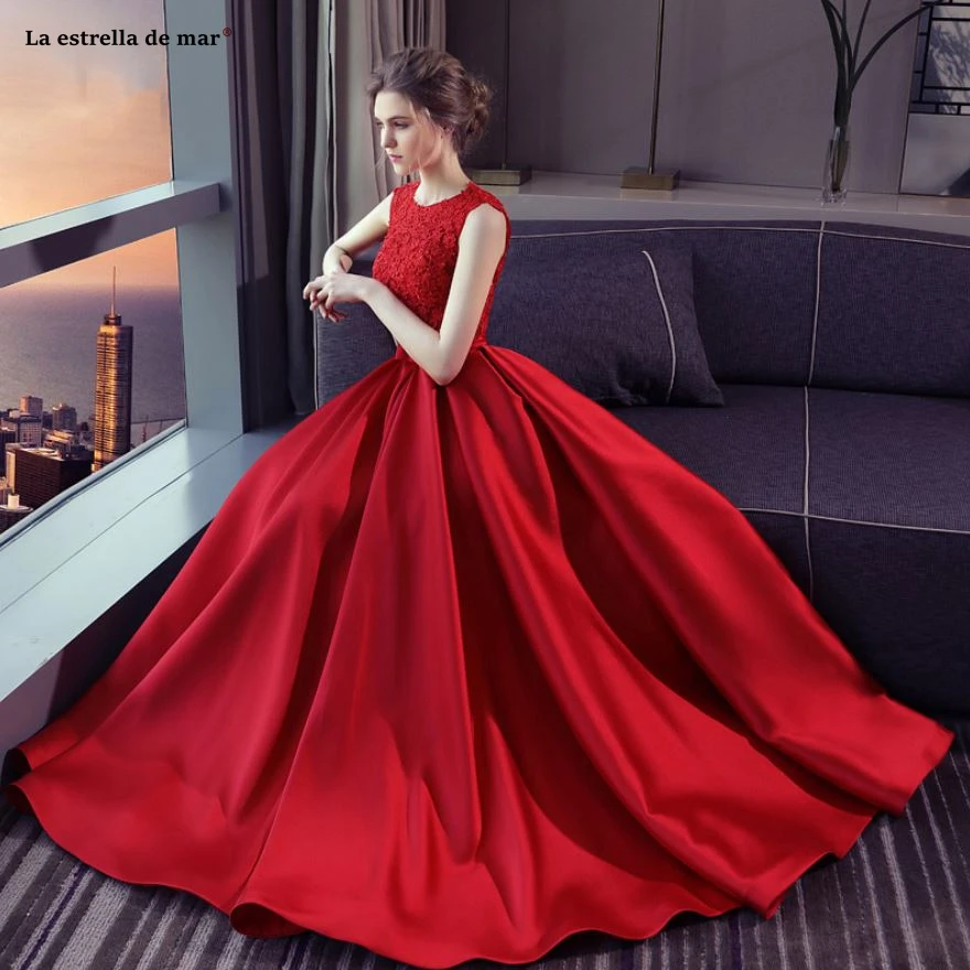 Vestidos de boda invitados Новое Кружевное сатиновое ТРАПЕЦИЕВИДНОЕ красное платье подружки невесты длинное abiti da damigella d'onore недорогое свадебное платье для гостей