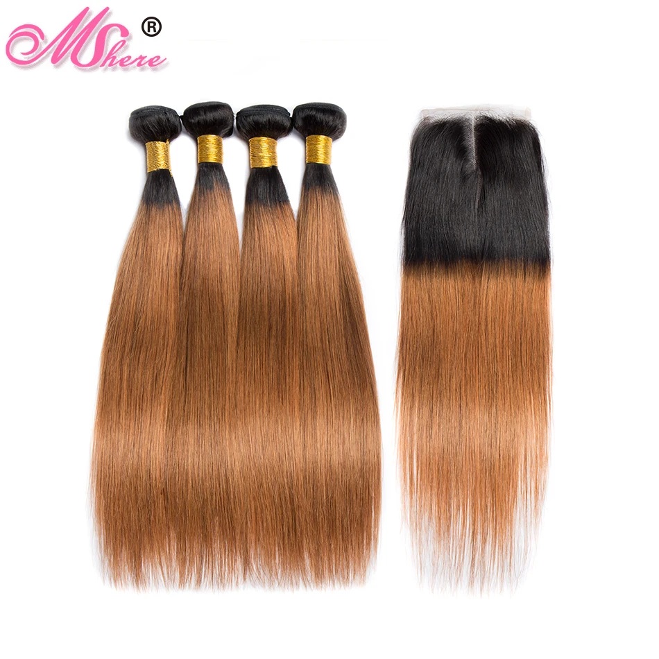 Mshere прямые волосы Ombre 3/4 Связки с закрытием 1B/30 перуанские натуральные Ткань