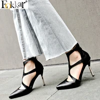 eokkar 2019 sexy women mental heels pumps pointed toe pu leather stilettos high heels zipper office lady dress shoes size 34 43