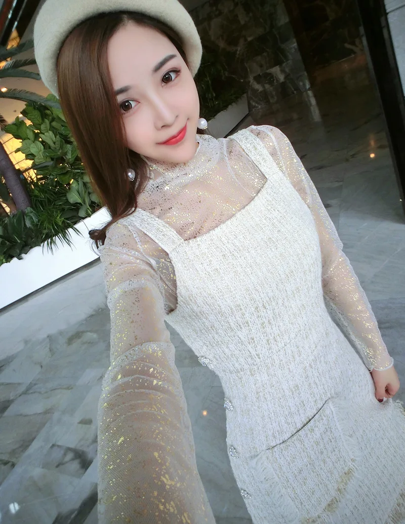2017 autumn and winter women's high-necked shirt + fringed tweed strap dress two-piece |