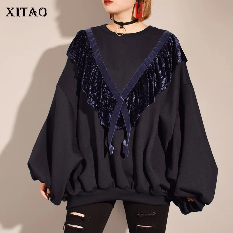 [XITAO] Корея 2019 Осень Новая повседневная женская однотонная Лоскутная Толстовка с