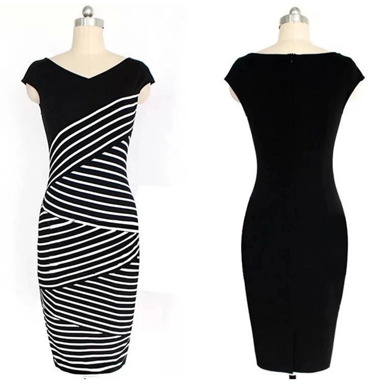 Элегантных Женщин Лето V Шеи Платье Черные и белые полосы Сшивание Карандаш