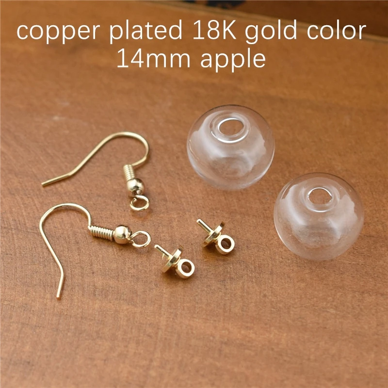 2pair apple shape hollow glass ball earring wire cap set 925silver copper plated gold material vials earrings | Украшения и