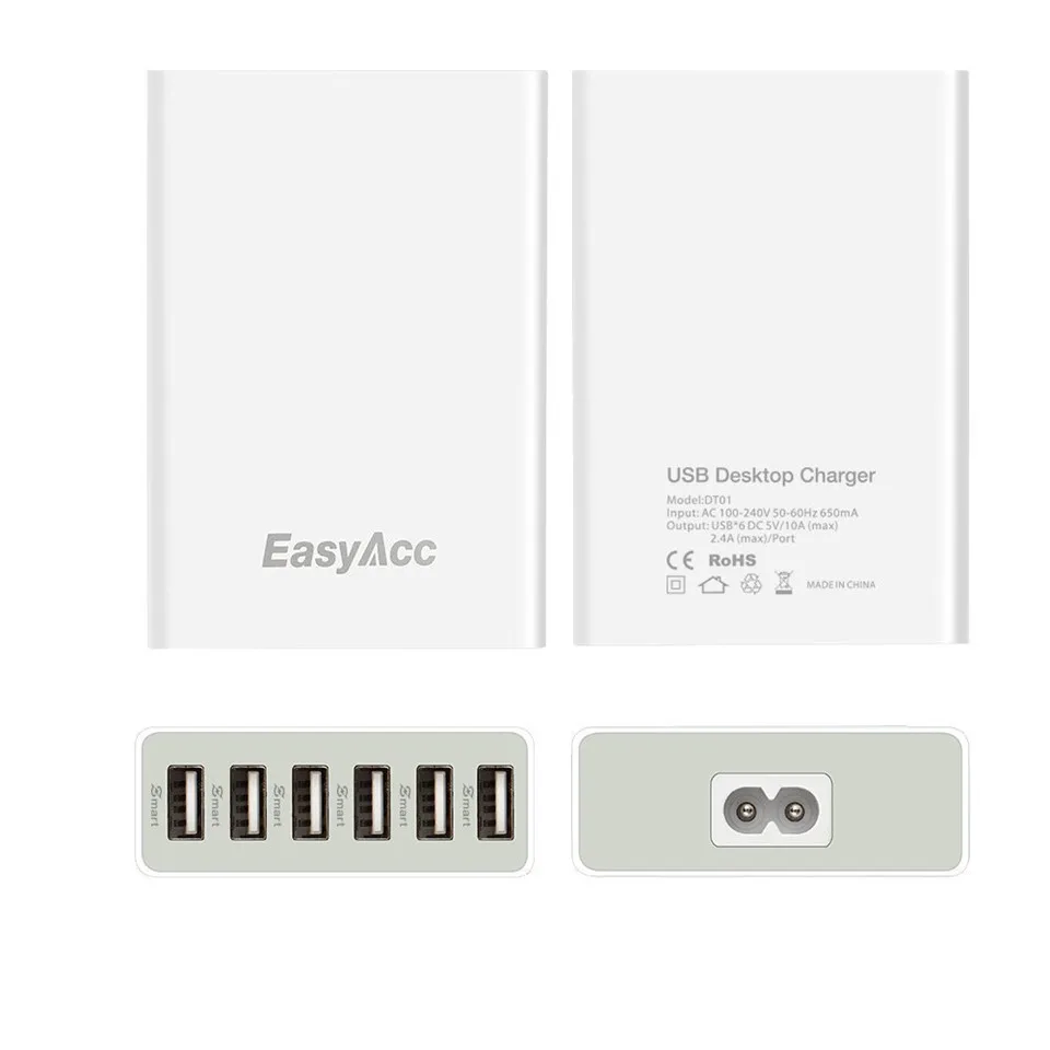 EasyAcc 50 Вт 5В 10А 6-портовое USB настольное зарядное устройство портативное для