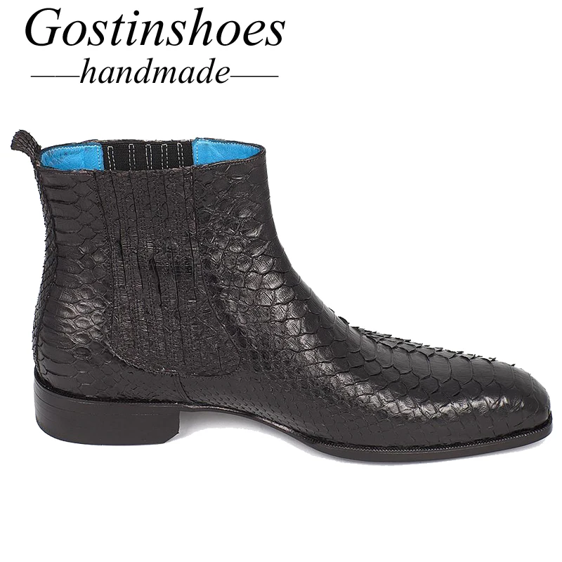 GOSTINSHOES/роскошная мужская обувь ручной работы Goodyear мужские ботинки черного цвета из Натуральной Змеиной кожи безопасные рабочие ботильоны слипоны SCF30
