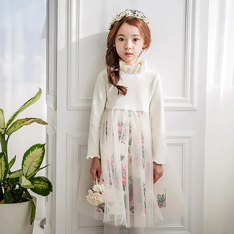 Baby Girls Teens Floral Dress Fall Winter Wedding Party Princess dress Mesh Patchwork Kids Costumes New Year Children Clothing | Детская