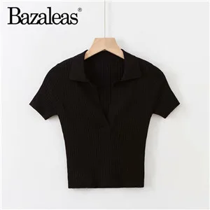 AP2 black 1902 Bazaleas Базовая модная укороченная футболка Повседневная трикотажная Синяя Женская футболка винтажный укороченный топ Женская футболка Прямая - Цвет: AP2 black 1902
