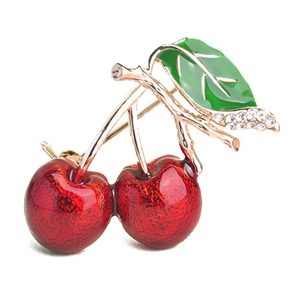 

Fashion Double Cherry Rhinestone Brooch Pin Branch Cerise Fruit Green Leaf Badge Jewelry Christmas Gift brooches rosette brosche