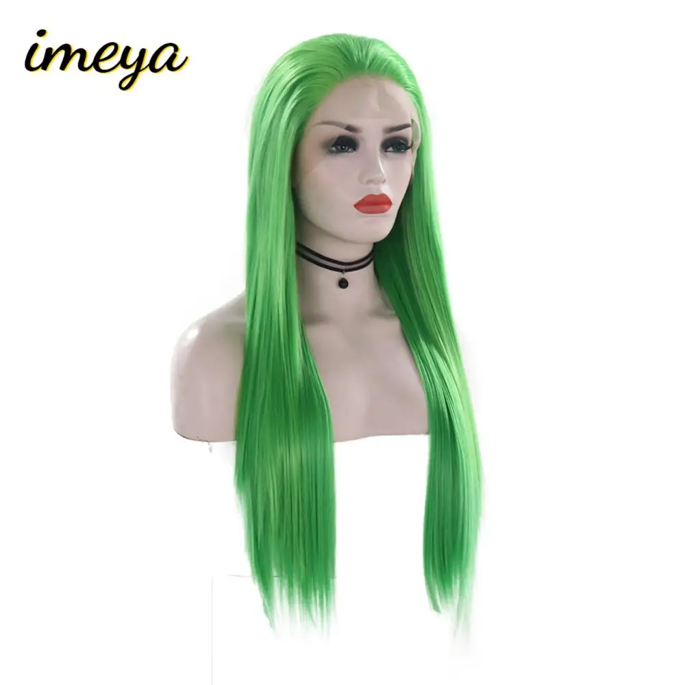 Imeya Long Silky Straight Lace Front Wigs Heat Resistant Half Hand Tied Synthetic Green Hair Cosplay Wigs For Women