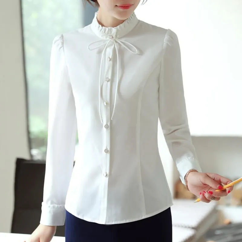 Женская белая блузка с длинным рукавом воротником стойкой и бантом|white shirt women|blouse