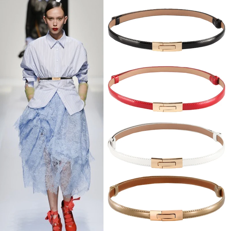 

Fashion Women Patent Leather Belts Bright Straps Female Adjust Waistband Gold Buckle Fancy Thin Waist For Dress Wedding Party