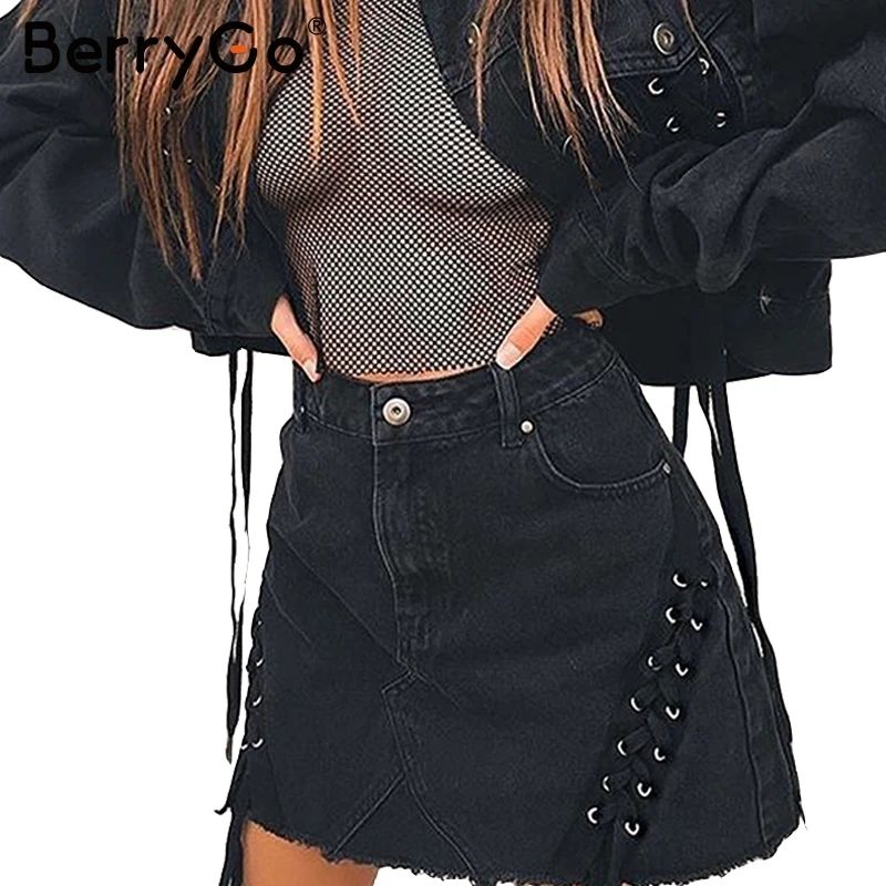 BerryGo черная джинсовая юбка на шнуровке в стиле панк сексуальная юбка-карандаш