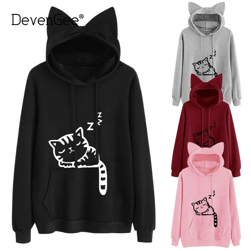 Женские толстовки с капюшоном DevenGee Harajuku розовые длинным рукавом и рисунком кота