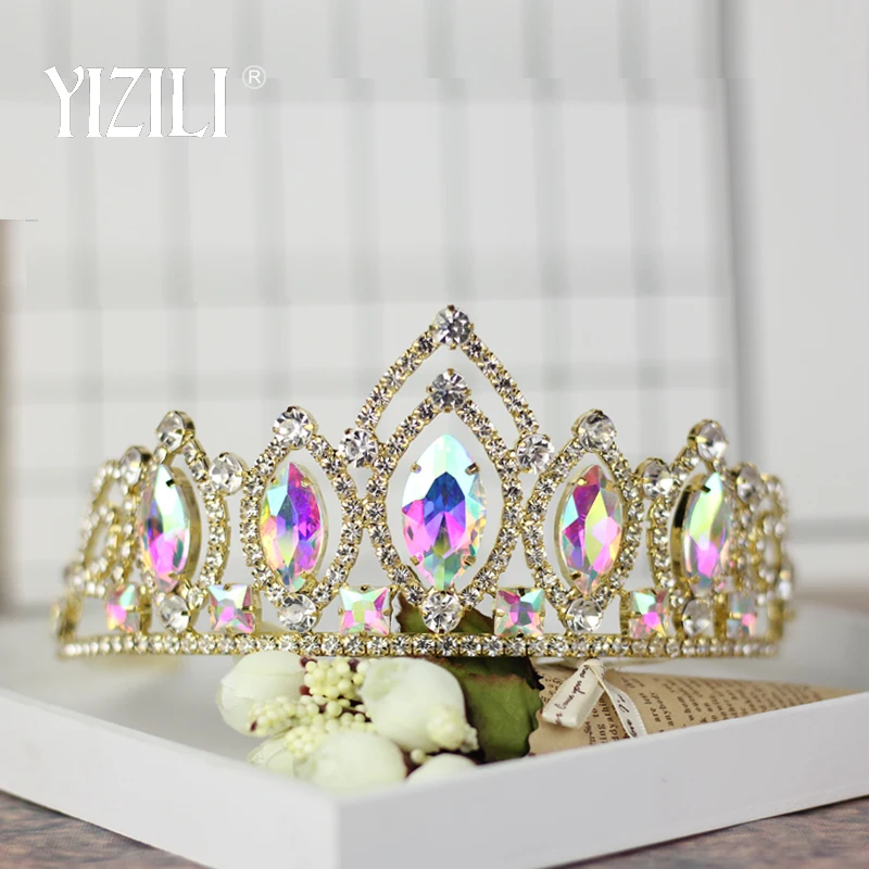 YIZILI новые европейские Роскошные Большие AB кристаллами Свадебные queen Корона круглые золотые Цвет тиары из страз и короны женские аксессуары для волос C040