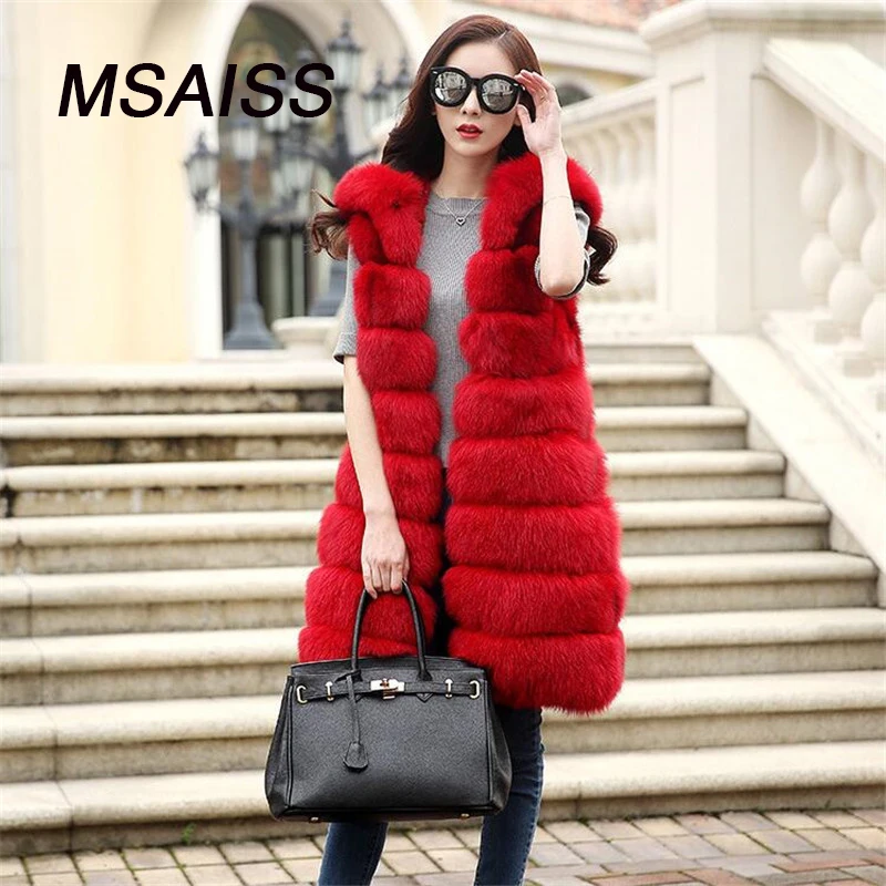 MSAISSS S-3XL, зимний толстый теплый жилет из искусственного лисьего меха, меховое пальто с капюшоном, женская меховая жилетка, длинная парка