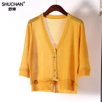 shuchan casual v neck cardigan feminino linen button sweater women colorful single breasted 34 sleeve summer thin cardigans top
