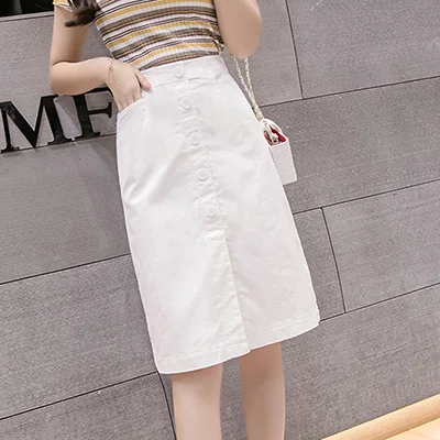 white Shintimes Faldas Mujer Moda летняя юбка-карандаш длиной до колена, Женская винтажная школьная юбка на пуговицах с высокой талией черного и белого цвета - Цвет: white