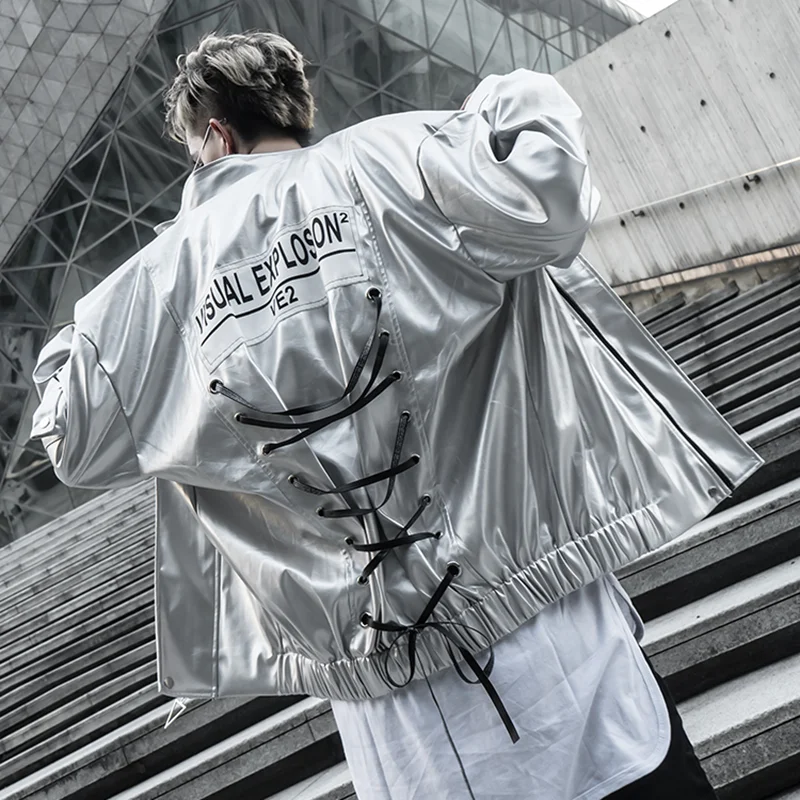 Silver Black PU Leather Jacket Men's Hip Hop Fashion Oversized Leather Jacket Coat Male Women Multi-pockets Lace Up Jackets