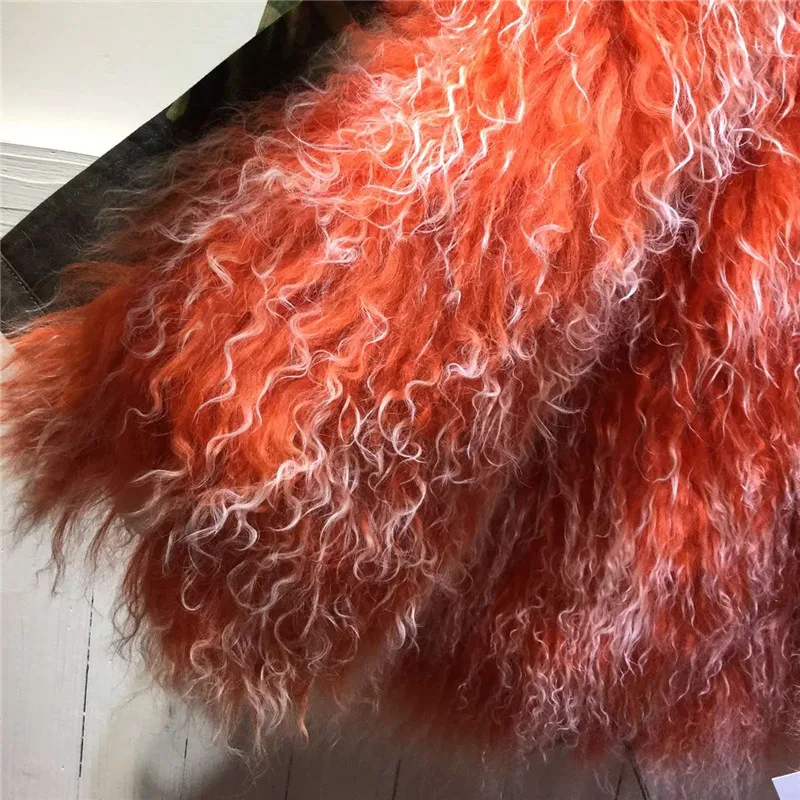 Thick warm winter women coats Mongolia Sheep Fur camouflage parka wool Mr Mrs orange with white lamb fur jacket | Женская одежда