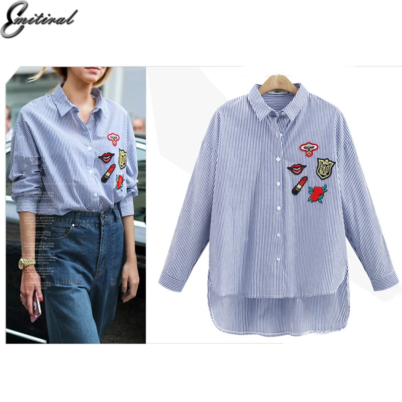 EMITIRAL 2017 осенние женские блузки полосатые строгие Цветочные губы элегантные 5XL с