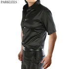 Стильная черная шелковая рубашка для мужчин, Новинка лета 2019, мужские классические рубашки с коротким рукавом, гладкая атласная Мужская рубашка клуб диско вечеринка, сорочка 3XL