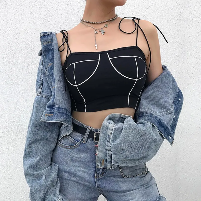2020 Summer Women's Elegant Fashion Design Sexy Sleeveless Spaghetti Strap Print Off Shoulder Lace Up Crop Top Knitted Camisole |