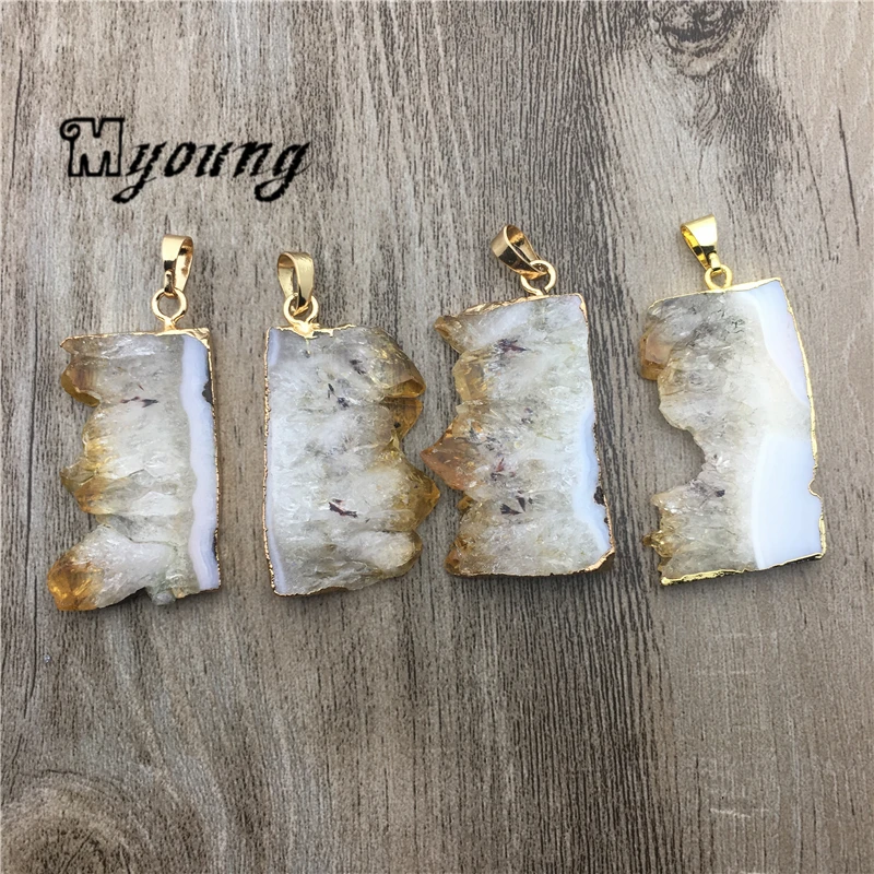 Rectangle Yellow Crystal Quartz Slice Pendant Citrines Charm With Gold Bails For Necklace DIY Jewelry MY1687 | Украшения и