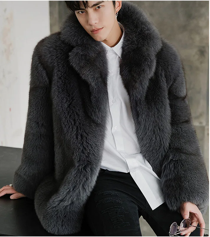 lapel collar Роскошное Мужское пальто Настоящий мех, пальто из натурального Лисий мех, лучшее качество,, пальто с лисьим мехом, теплое зимнее пальто с отложным воротником - Цвет: lapel collar