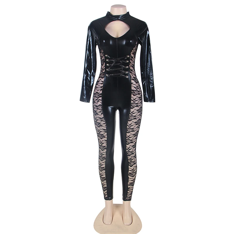 

Women Sexy Jumpsuits Nightclub 2018 PU Long Sleeve Black Leather Jumpsuit Hot Transparent Sexy Women Summer Bodysuit
