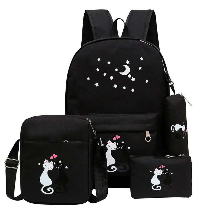 4Pcs/Set Women Backpack Schoolbag Canvas Cat Pattern School Bag For Girls Laptop Female Shoulder Bagpack Sac A Dos | Багаж и сумки