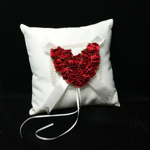 

High Quality Ring Pillow Wedding Decoration Beautiful white Satin Rose Heart Wedding Ring Pillow Wedding Pillow Cushion
