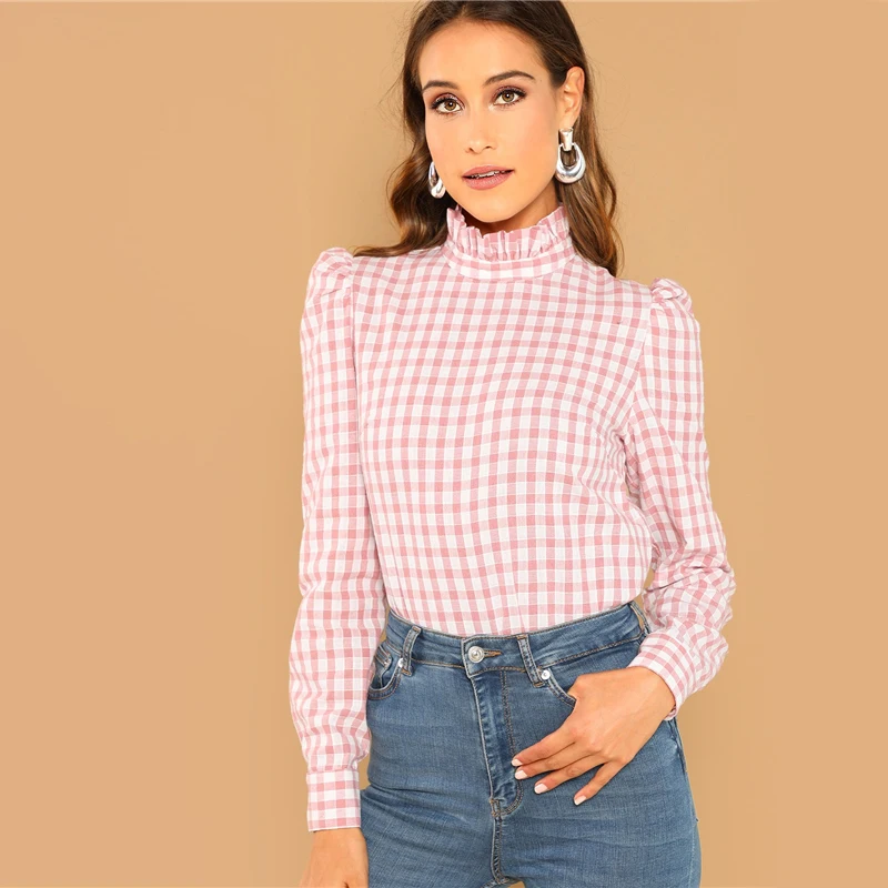 Dotfashion, розовые клетчатые Женские топы и блузки с оборкой, весна-осень, Повседневная корейская модная рубашка с длинным рукавом и стоячим воротником