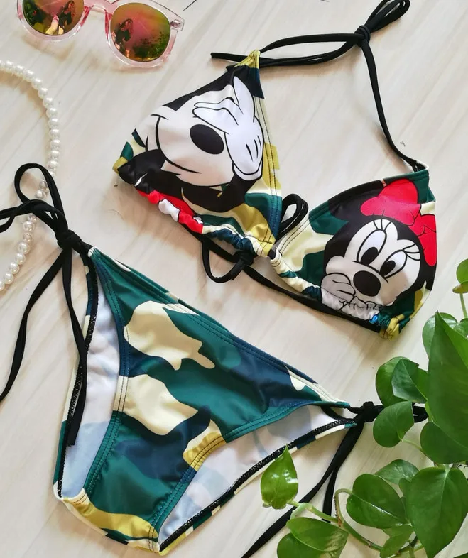 Женский купальник-Бикини на бретельках с принтом Микки треугольный купальник