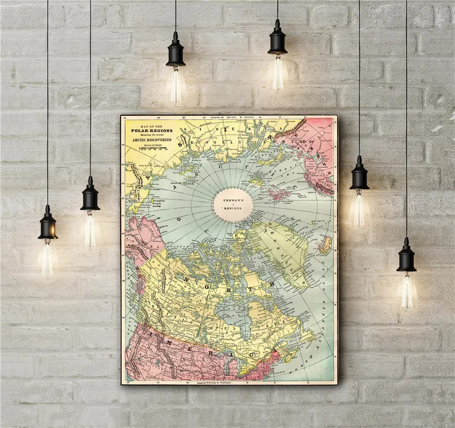 1891 Antique North Pole Map of the Arctic Geography Learning Home Decor Living Room Bar Cafe Delicate texture Print Wall Sticker | Дом и сад