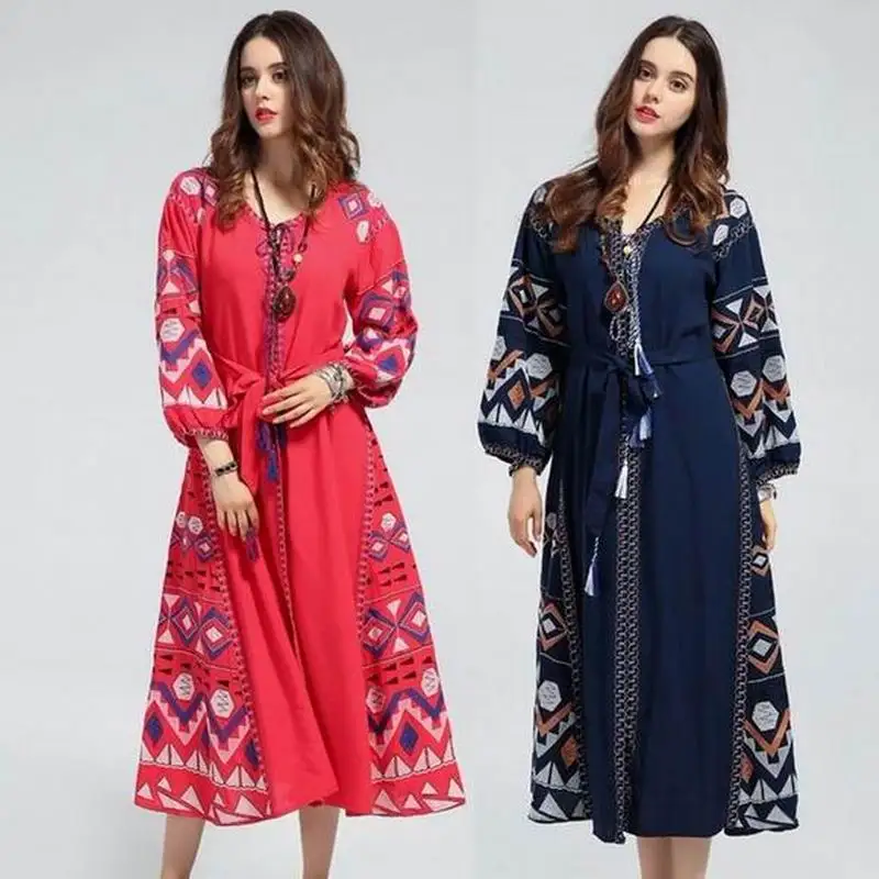 Женское льняное платье с длинным рукавом в этническом стиле вышивкой хиппи бохо