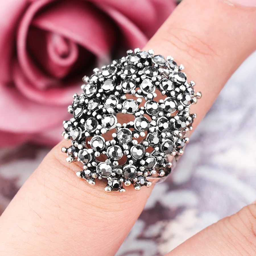 Hot Vintage Bohemian Statement Jewelry Fashion Big Crystal Ring Tibetan Silver Engagement Wedding Rings For Women Accessories images - 6