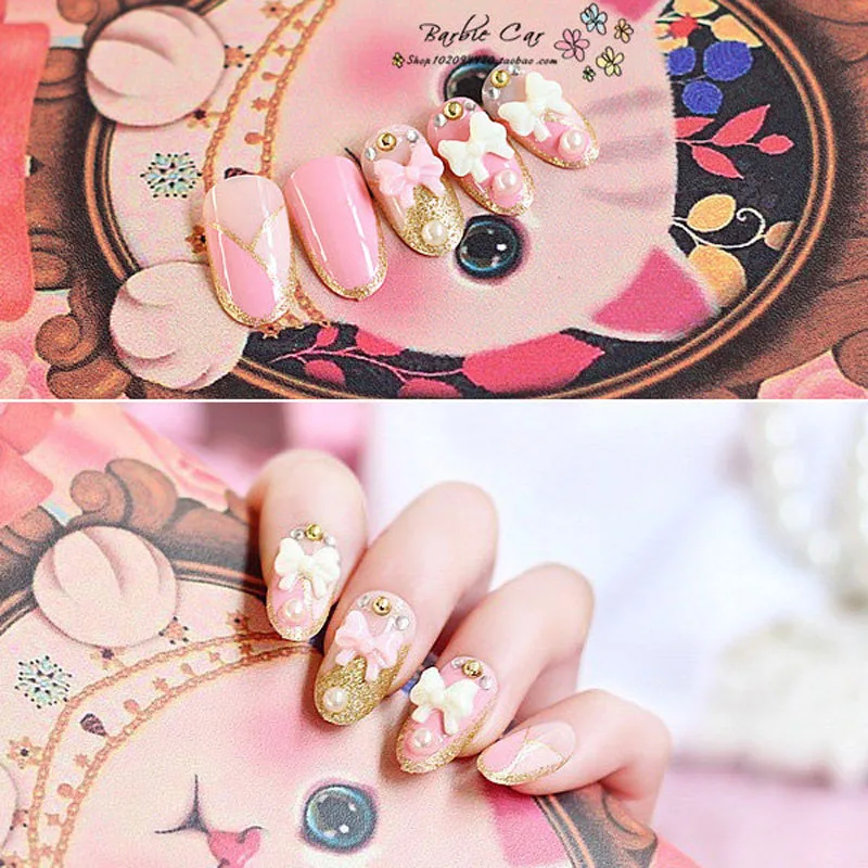 24 шт./лот накладные ногти полностью покрывающие 3D розовый лук блеск с жемчугом и