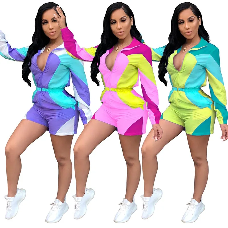 

Echoine Color Block Patchwork Women Playsuit Long Sleeve Casual Zipper Fitness Sportwear Short Ladies Summer Romper Outfits