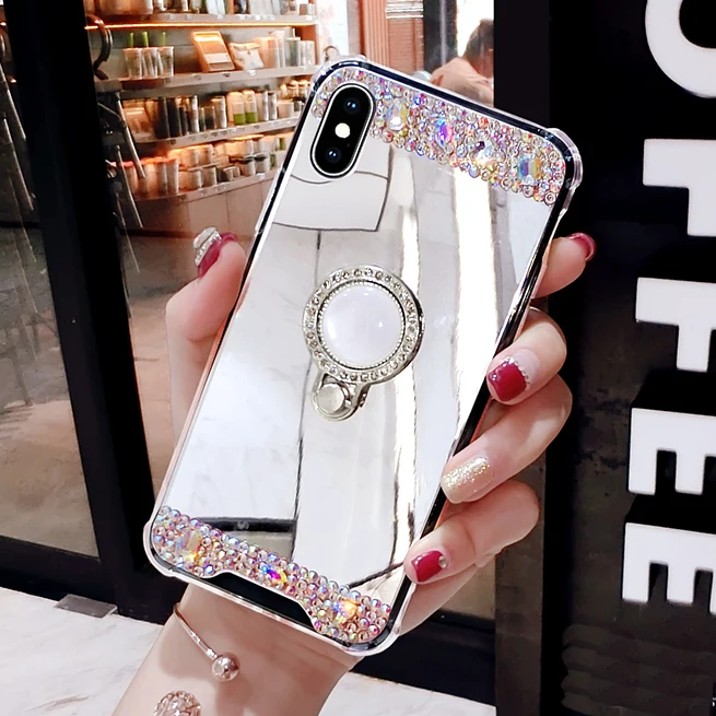 Роскошный мягкий зеркальный чехол для iphone X XS MAX XR 8 Plus 7 защитный с кольцом