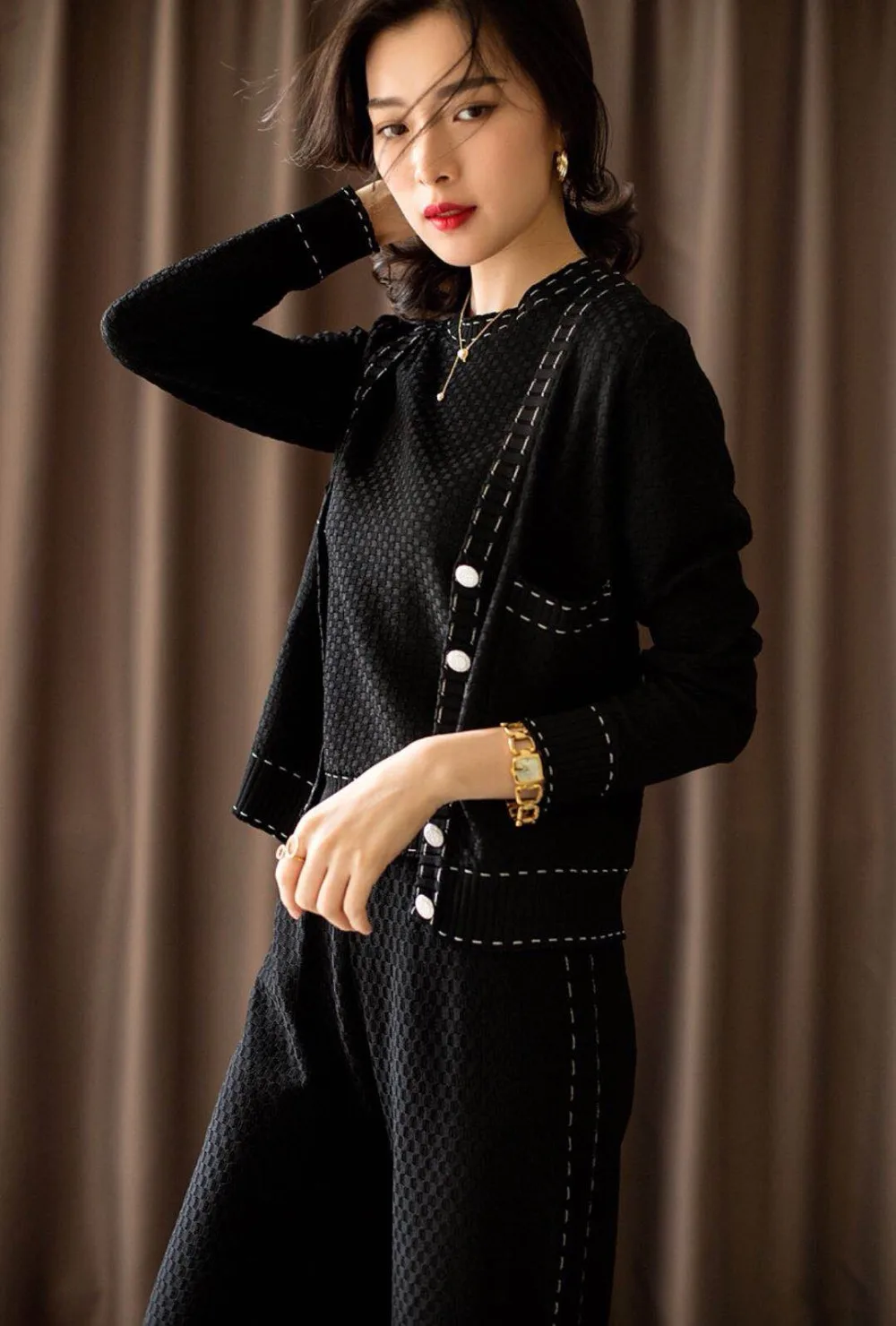 Temperament Sweater Wide leg pants 3 Piece Set female 2019 Autumn Winter New Jacquard Cardigan +short-sleeved Pullovers Sets |