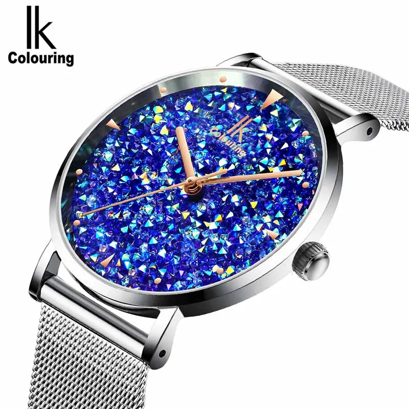 Silver blue Женские кварцевые часы с плетеным стальным ремешком Relogio Feminino IK, Роскошные блестящие часы с циферблатом, женские часы Cinturino Milanese - Цвет: Silver blue