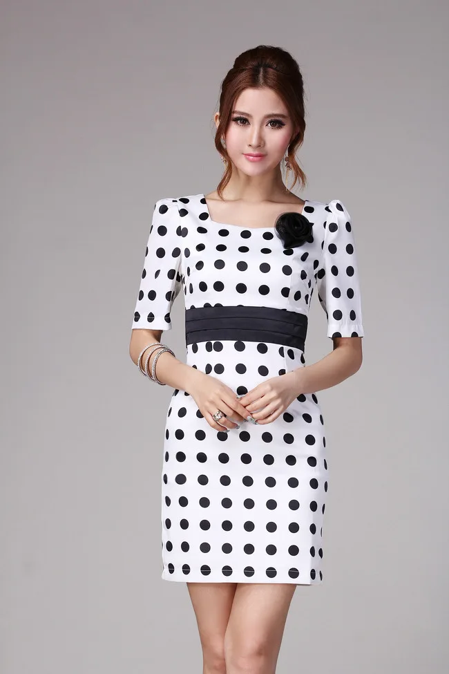 Europe Brand 2013 Career Autumn High Quality OL Style Ladies Large Dot Waistband Sleeve Slim Simple Dress Miniskirt | Женская одежда