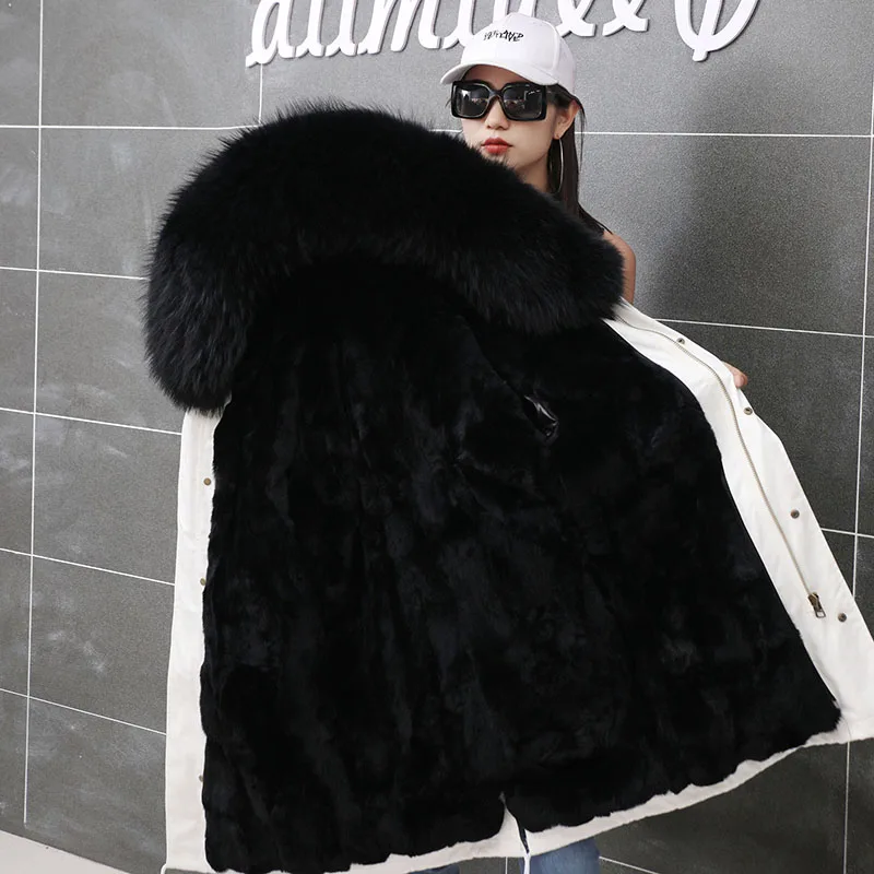 white black X-long зимняя женская парка со съемным кроличьим мехом, новинка, уличная одежда, фиолетовый мех, с капюшоном, Женская однотонная Меховая куртка - Цвет: white black