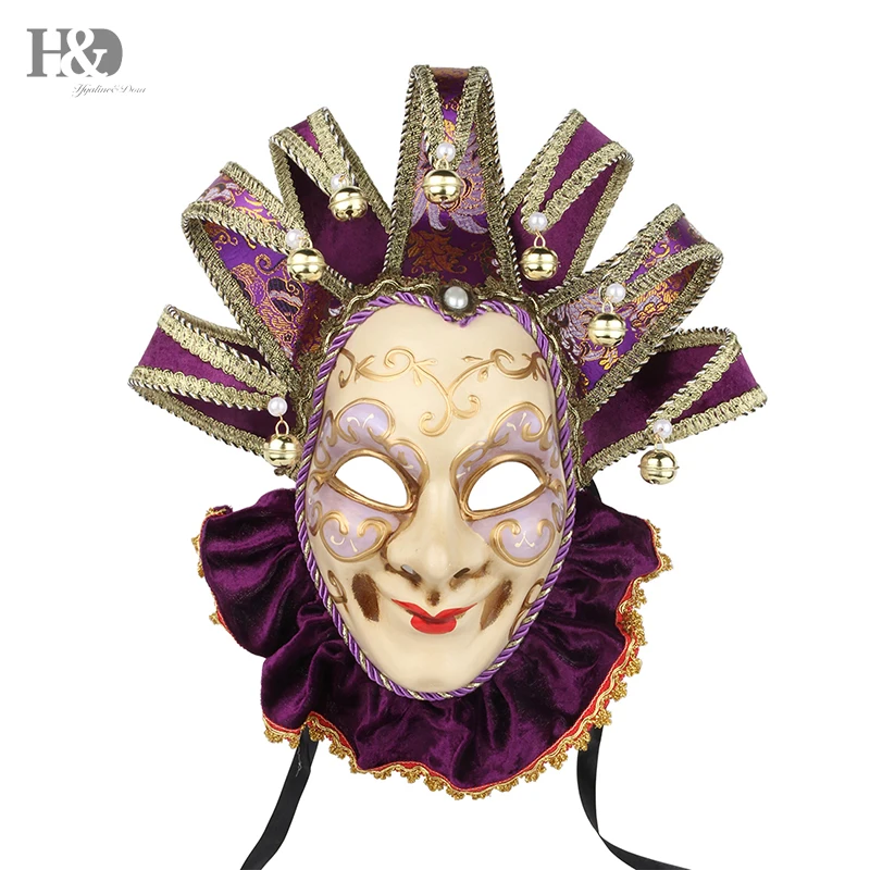 Венецианская маска на все лицо H & D Jester Jolly с воротником/колокольчиками Марди Гра