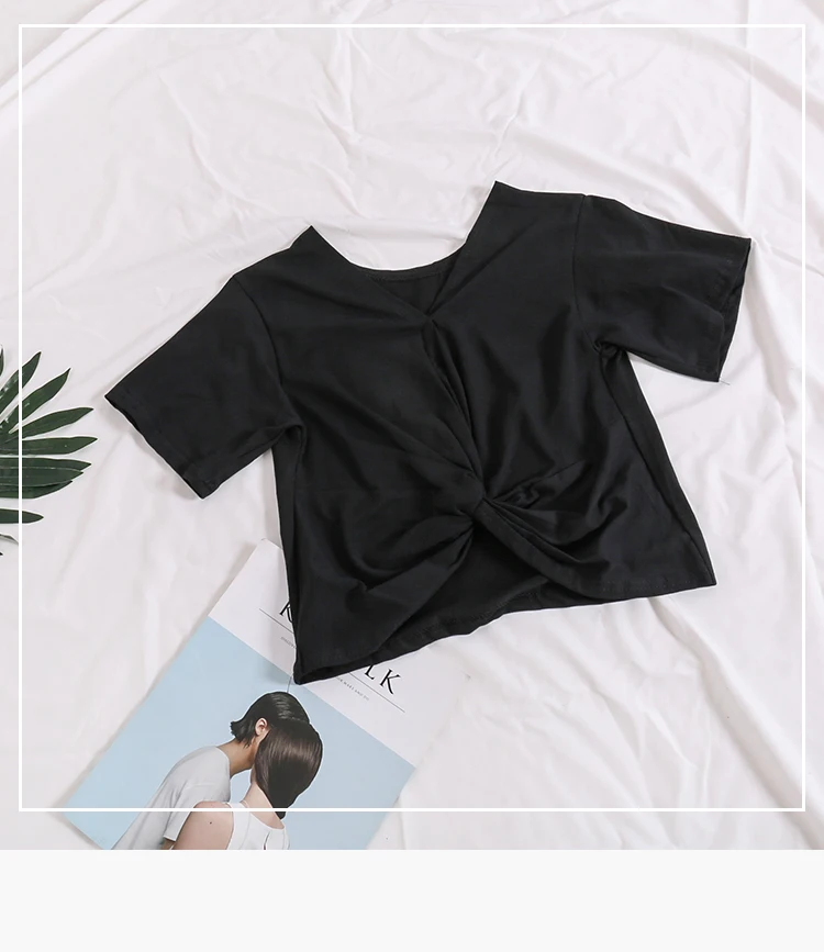 Черный ALPHALMODA v-образный вырез завязанная Футболка женская сплошной цвет хлопок с коротким рукавом, повседневные футболки короткий стиль шикарные женские футболки - Цвет: Черный