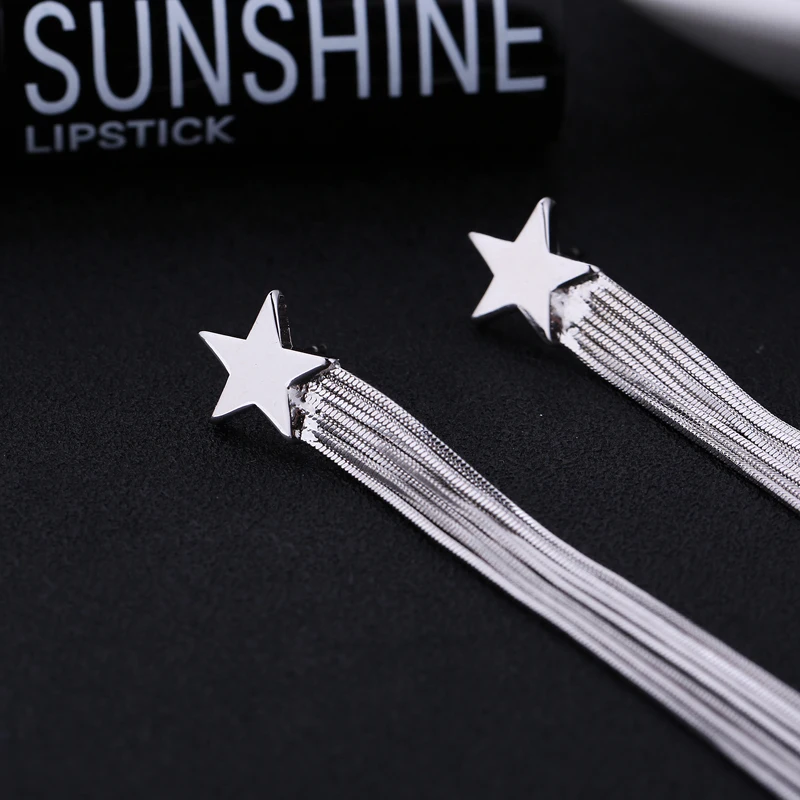 Длинные серьги с пентаграммой и металлической цепочкой кисточками корейские